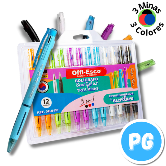 Paquete Esfero Offiesco 0.7mm Semigel Retractil 3 Minas (negro, Rojo Y Azul Rey) X12 Unds Oe 015f