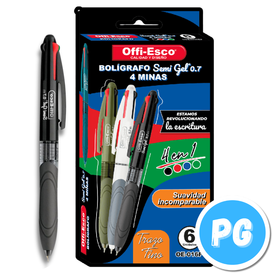 Esfero Offiesco 0.7mm Semigel OE-016F 4 Minas (Negro, Rojo, Azul Rey y Verde)