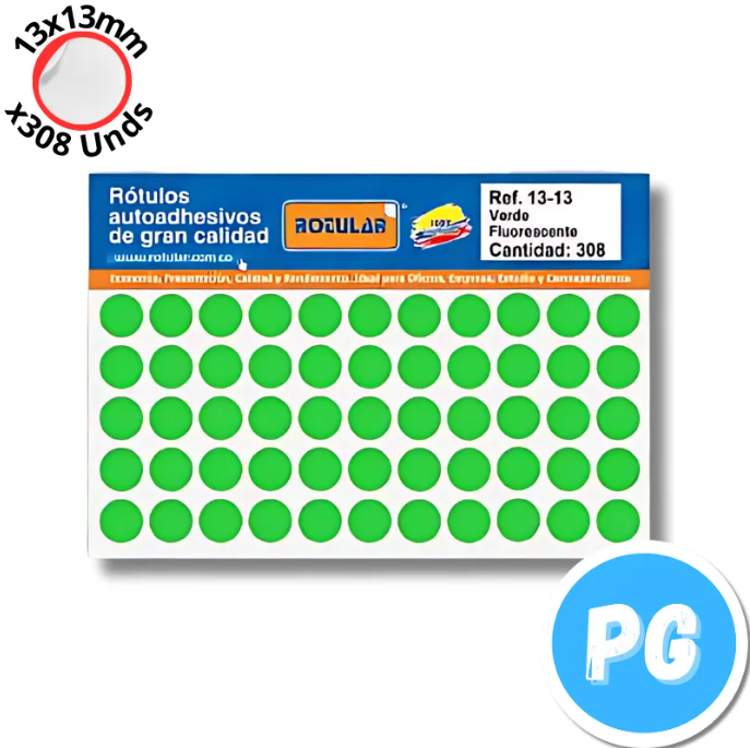 Paquete De Sticker Circular Adhesivo 13x13mm X308 Unds Verde Fluorecente- Rotulos